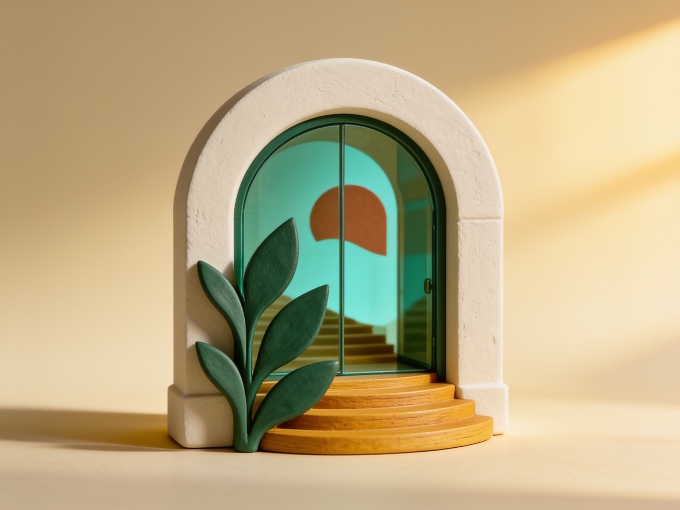 Architectural sculpture in RentEase forest green, cream and terracotta, inspired by its arch and leaf identity